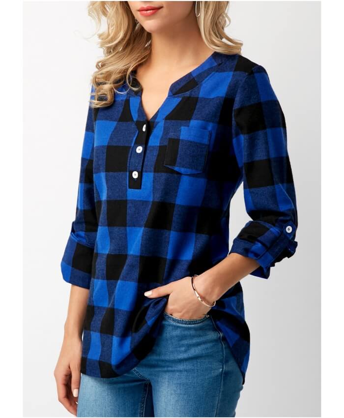Roll Tab Sleeve Split Neck Plaid Blue Blouse